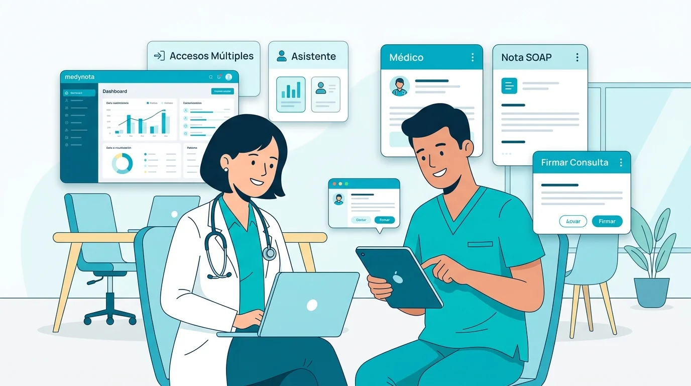 Médico y asistente trabajando en el mismo expediente desde equipos distintos